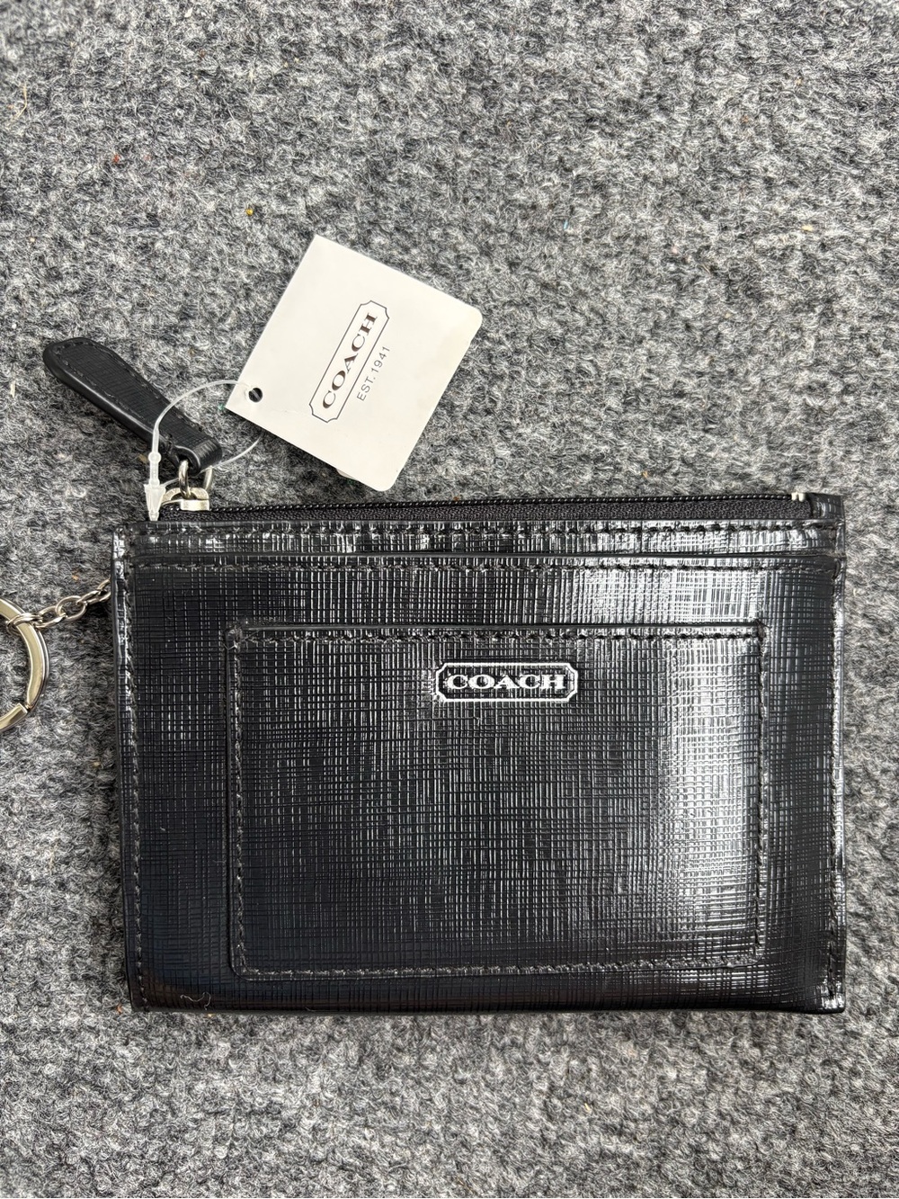 Coach Black Textured Leather Zip Card Case with Key Ring